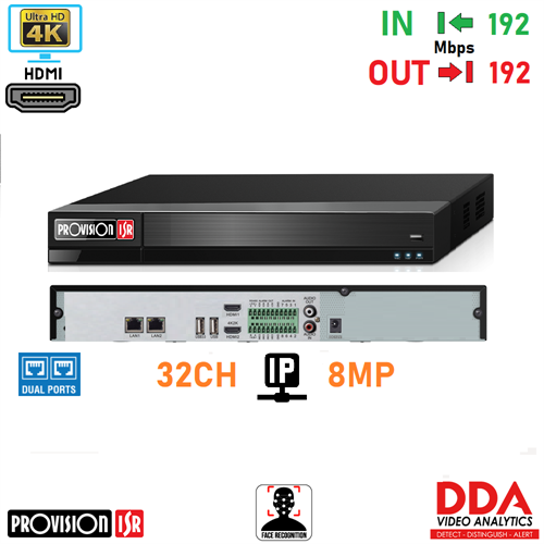 NVR 32CH 800fps H265 256Mbps 8MP HDMI 4K DDAPRO          b04